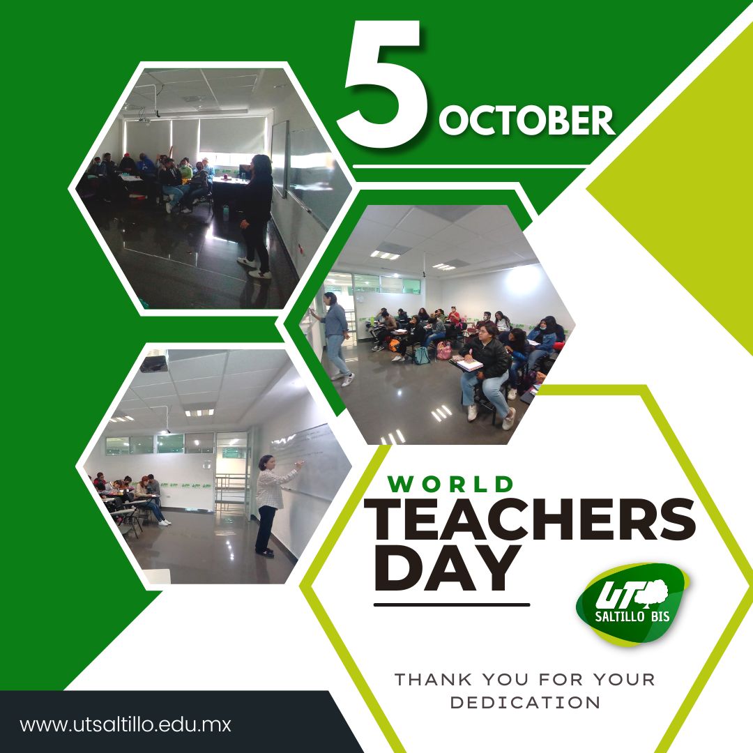 UTSaltillo's tweet image. Día Mundial de los Docentes.
La Universidad Tecnológica de Saltillo agradece el trabajo comprometido, de gran vocación   y empeño que le imprimen nuestros docentes para la formación de grandes profesionistas.
#UTSaltillo #5Octubre #Docentes #Teachers #WorldTeacherDay #ThankyouAll