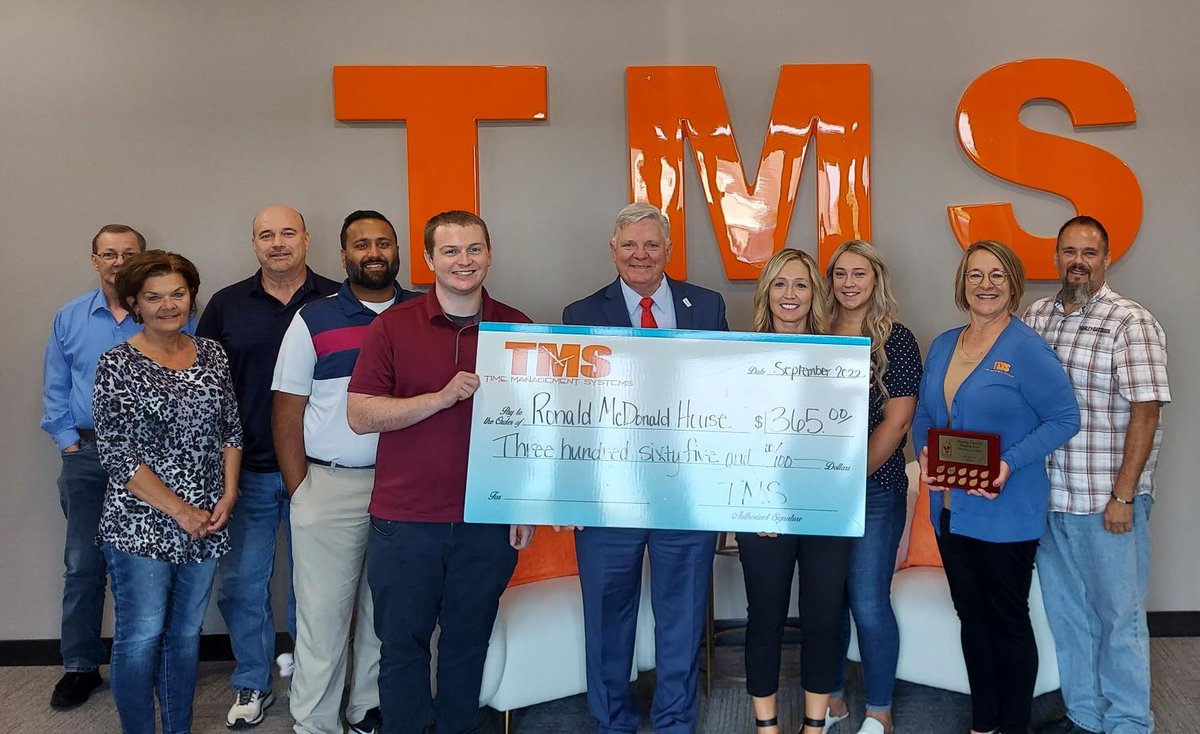 Thank you Time Management Systems (TMS) for your donation and continued #365GivingTree sponsorship. You'll also see TMS volunteering in the #RMHCSoDak kitchen cooking up a "Meals from the Heart" for our families to enjoy. Thanks for your time and financial support of RMHC SD!