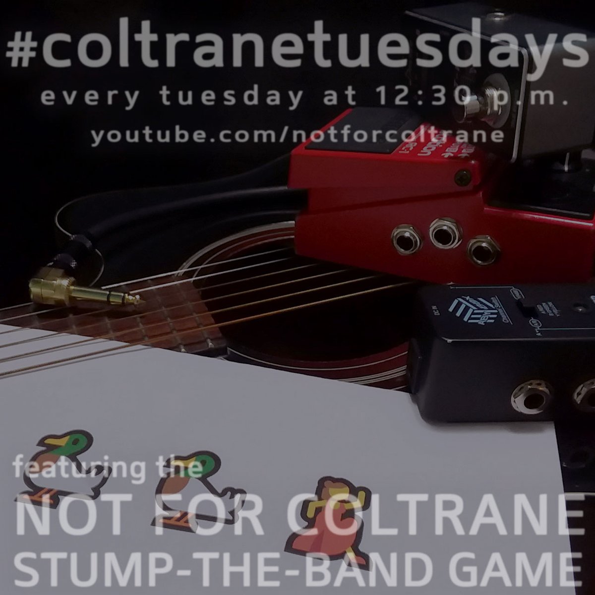 NotForColtrane's tweet image. For the latest song in the #coltranetuesdays #DuckDuckBeth project, I plan to use a bunch of gizmos to enhance things - but not nearly enough time to rehearse. Starting momentarily, TODAY (Tuesday) at 12:30(-ish) at youtu.be/zu2llwNQ9SA

#music #webcast #nfcstumptheband