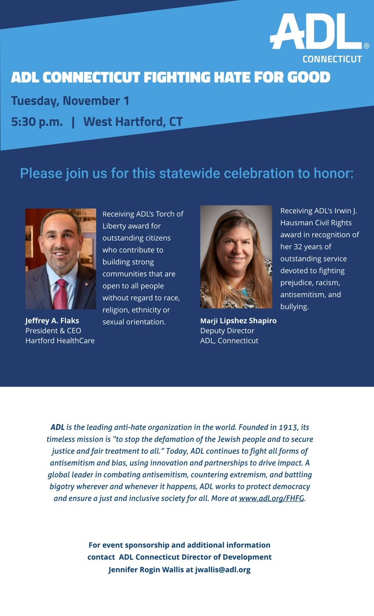 ADL_Connecticut's tweet photo. .@ADL_Connecticut fights antisemitism, racism, and hate, but we cannot do it alone. We need you. Our community is stronger together, and together we’re Fighting Hate for Good. Join ADL Connecticut for our Fighting Hate for Good Gala on Nov 1. Register:
https://t.co/oxLgkHiwa5 https://t.co/xYPCLJMtb1