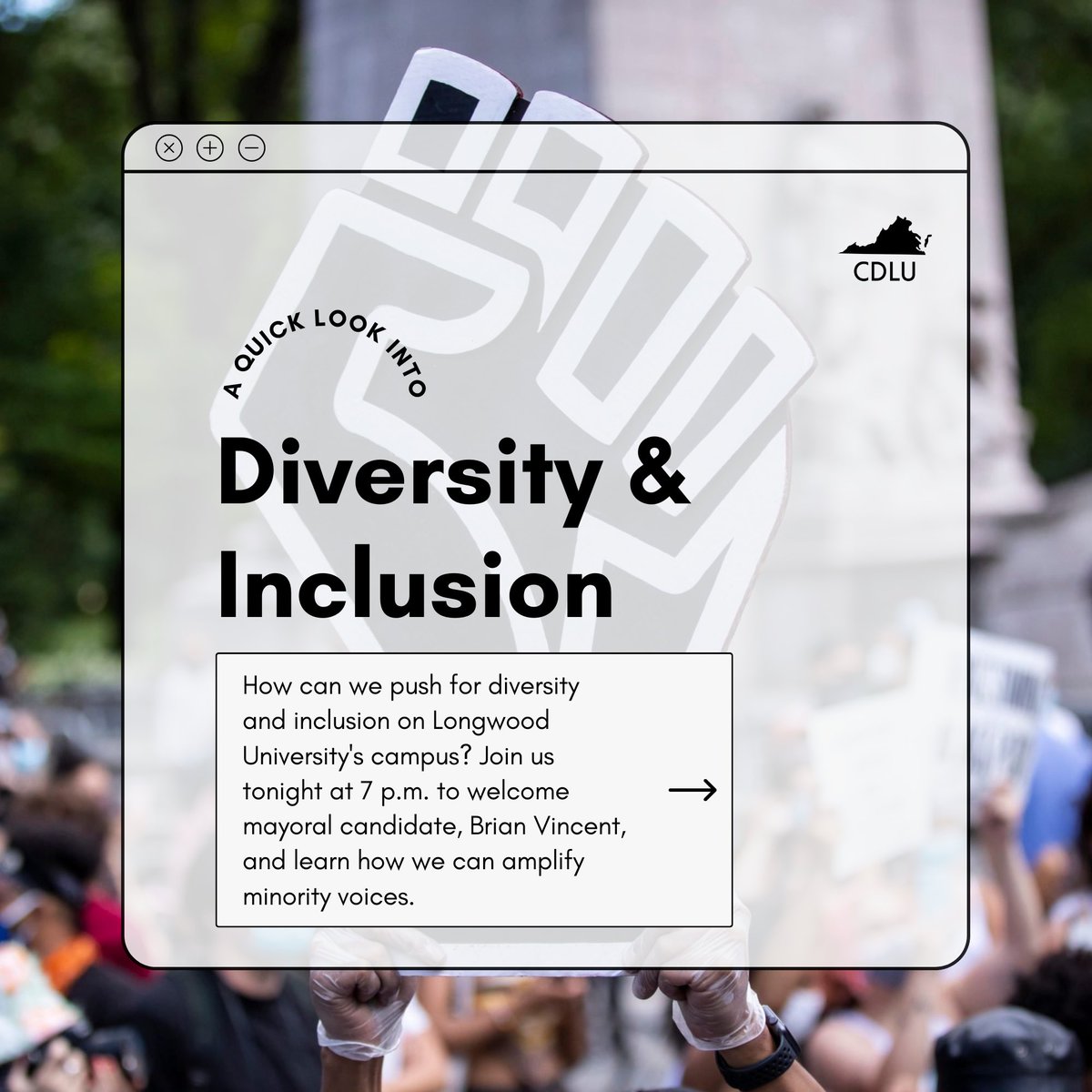CollegeDemsLU's tweet photo. Join us tonight at 7 p.m. in Rotunda 115 to discuss diversity and inclusion on campus and welcome Farmville’s mayoral candidate, Brian Vincent. https://t.co/Z44rqCbEV6