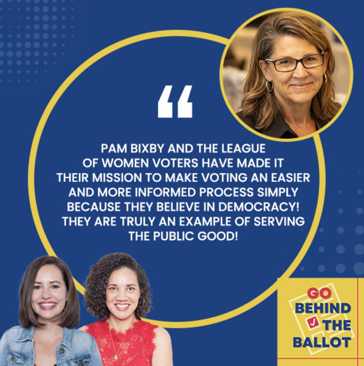 GoBehindBallot's tweet photo. Here's our #Tuesdaytip: Vote!!!!
The @LWV has amazing resources on #candidates, how to #registertovote, and #wheretovote.
Check out our #podcast this week with the incredible Pam Bixby. https://t.co/kgURjU5UXw https://t.co/sxDG387TDy