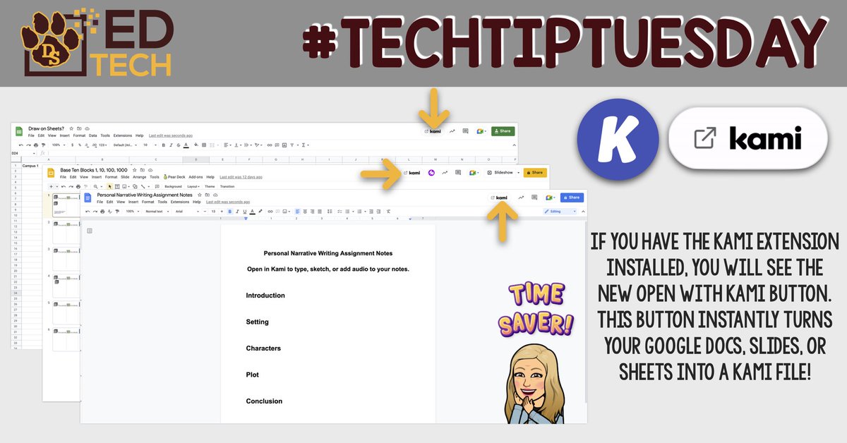 DS_EdTech's tweet photo. It’s #TechTipTuesday! With the Kami extension installed, you will see the Kami button appear in your Docs, Slides, and Sheets! Give it a try to improve your workflow as a tool for direct instruction or prior to sending out as a Kami assignment in Canvas! @KamiApp #DSEdTech @DSISD https://t.co/4R8WpIOJEb