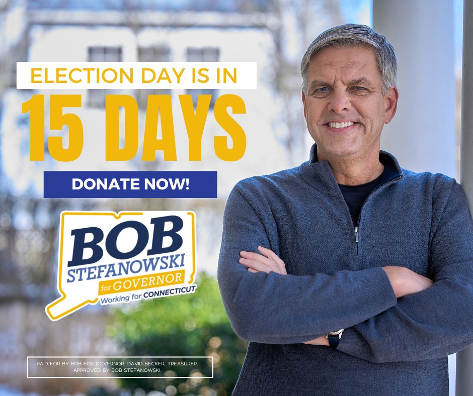 bobforgovernor's tweet photo. We are just 1️⃣5️⃣ days away from retiring Ned Lamont! Please remind your family, friends, neighbors and colleagues that Connecticut’s future is on the ballot. Chip in today! 🇺🇸#BobforGovernor >> https://t.co/5XlwAXh0Py https://t.co/TMaN8gvvVx