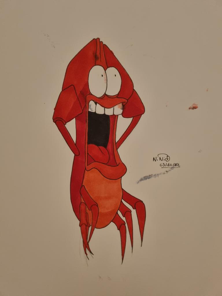 Ni_laun's tweet photo. Mot du jour: coquille 

Voilà mon dessin un peu endommagé ! 
Je l'ai tâcher à cause de ma maladresse !! 
Bref Sébastien n'est pas au mieux de ça forme ! 

#crabe #dessin #dessinencouleur #draw #drawincolor #inktober #inktober2022 #animals #disney #petitesirene #choqué https://t.co/XfJHY8PEyq