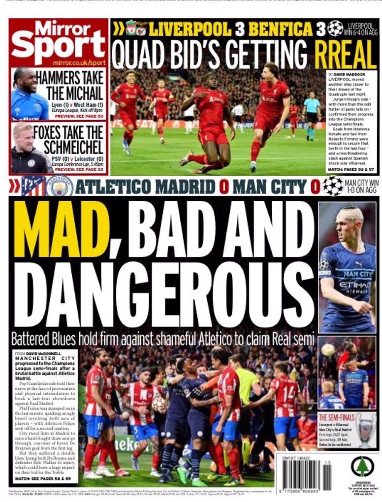 Carlettoni's tweet photo. Para quien no lo sepa, la idea está inspirada en una antológica portada de The Mirror tras la eliminatoria frente al Man City.

Cómo no, lejos de avergonzarse, la afición atlética recogió con orgullo el titular y lo convirtió en un eslogan memorable. https://t.co/KbY2SPFB7s
