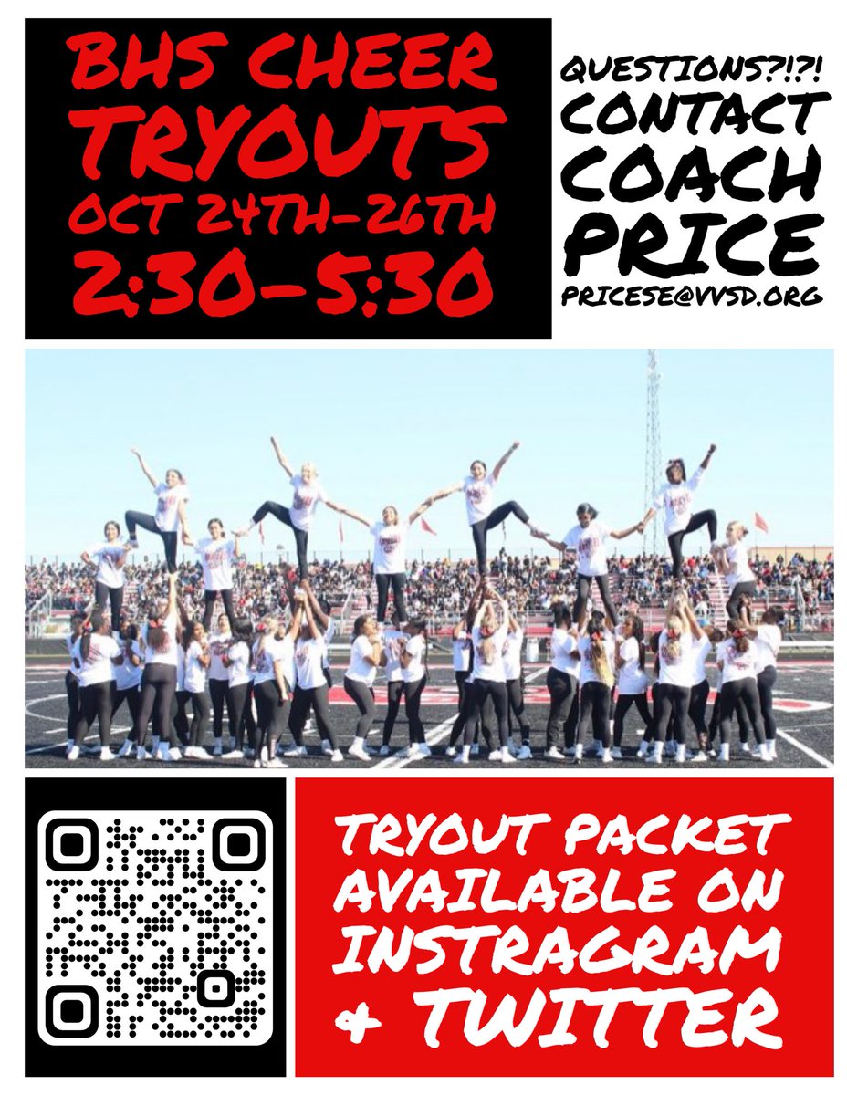 BHSRaiderCheer's tweet image. Tryouts are coming ❤️🖤❤️

Make sure to complete the checklist in the tryout place BEFORE OCT. 24th