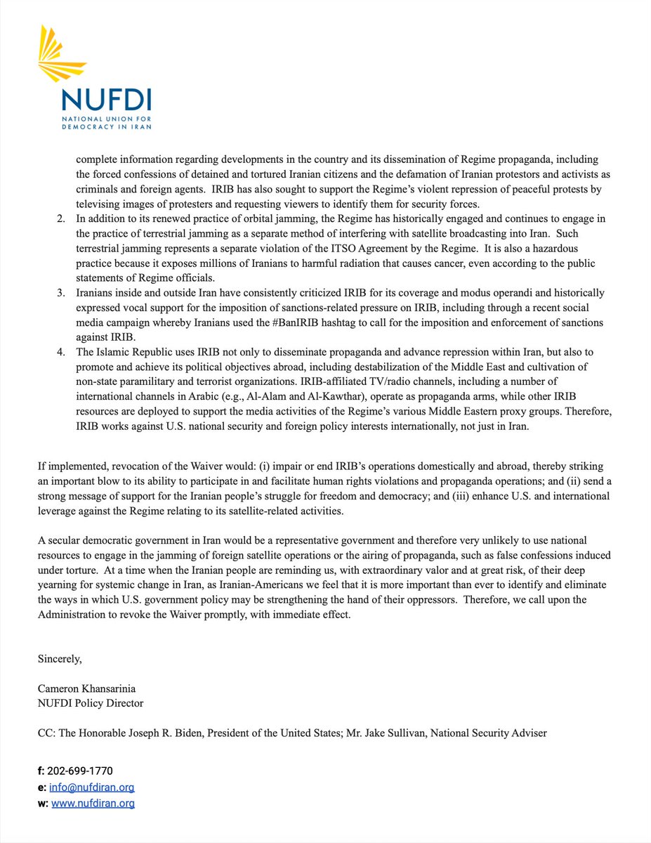 NUFDIran's tweet photo. NEW: NUFDI calls on @SecBlinken to implement sanctions on the Islamic Republic of #Iran Broadcasting (IRIB).
It is time to act to support the #IranProtests and disrupt the regime's intensifying efforts to jam of global satellite transmissions.
#BanIRIB #IranRevolution https://t.co/vNWsdKOBe2