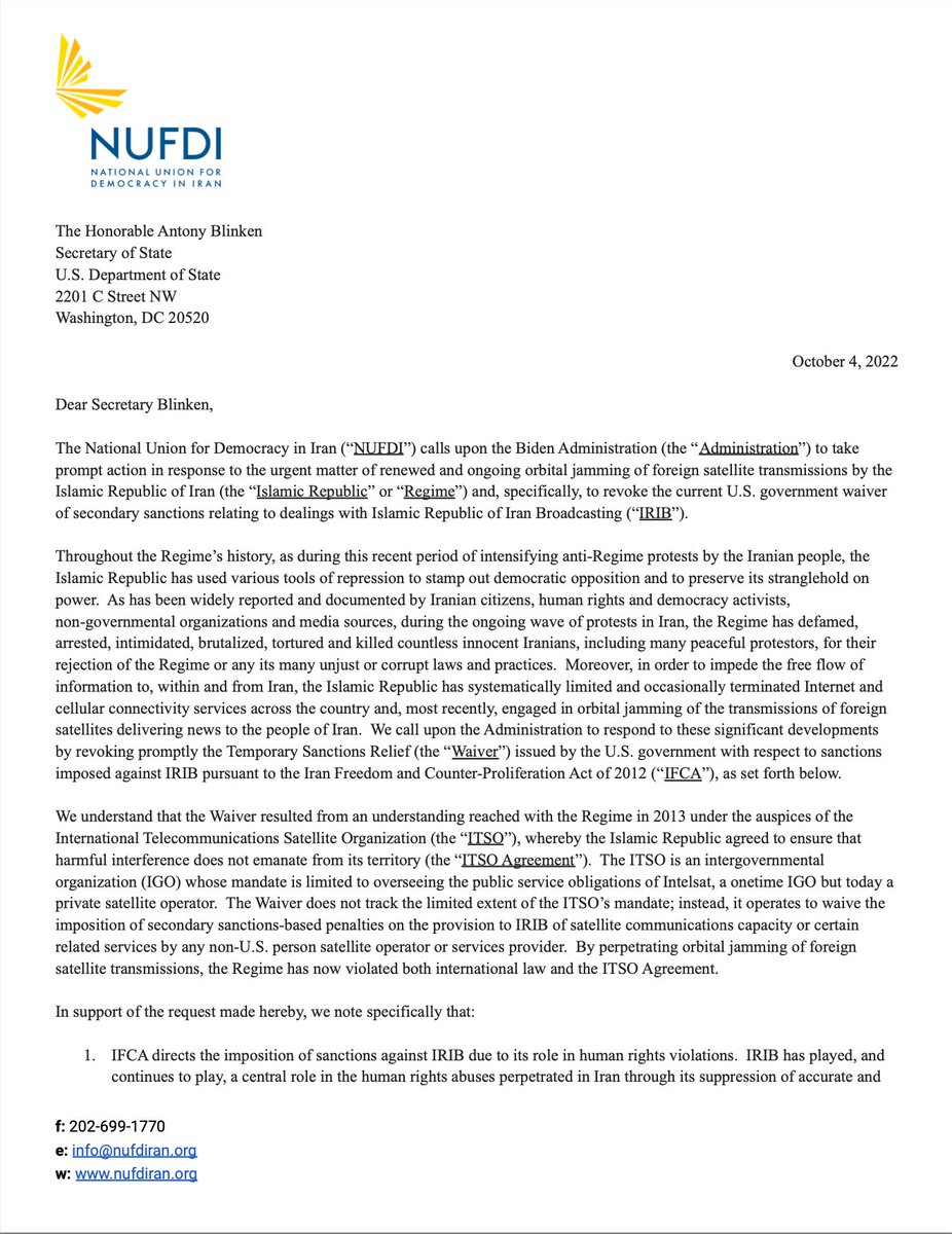 NUFDIran's tweet photo. NEW: NUFDI calls on @SecBlinken to implement sanctions on the Islamic Republic of #Iran Broadcasting (IRIB).
It is time to act to support the #IranProtests and disrupt the regime's intensifying efforts to jam of global satellite transmissions.
#BanIRIB #IranRevolution https://t.co/vNWsdKOBe2