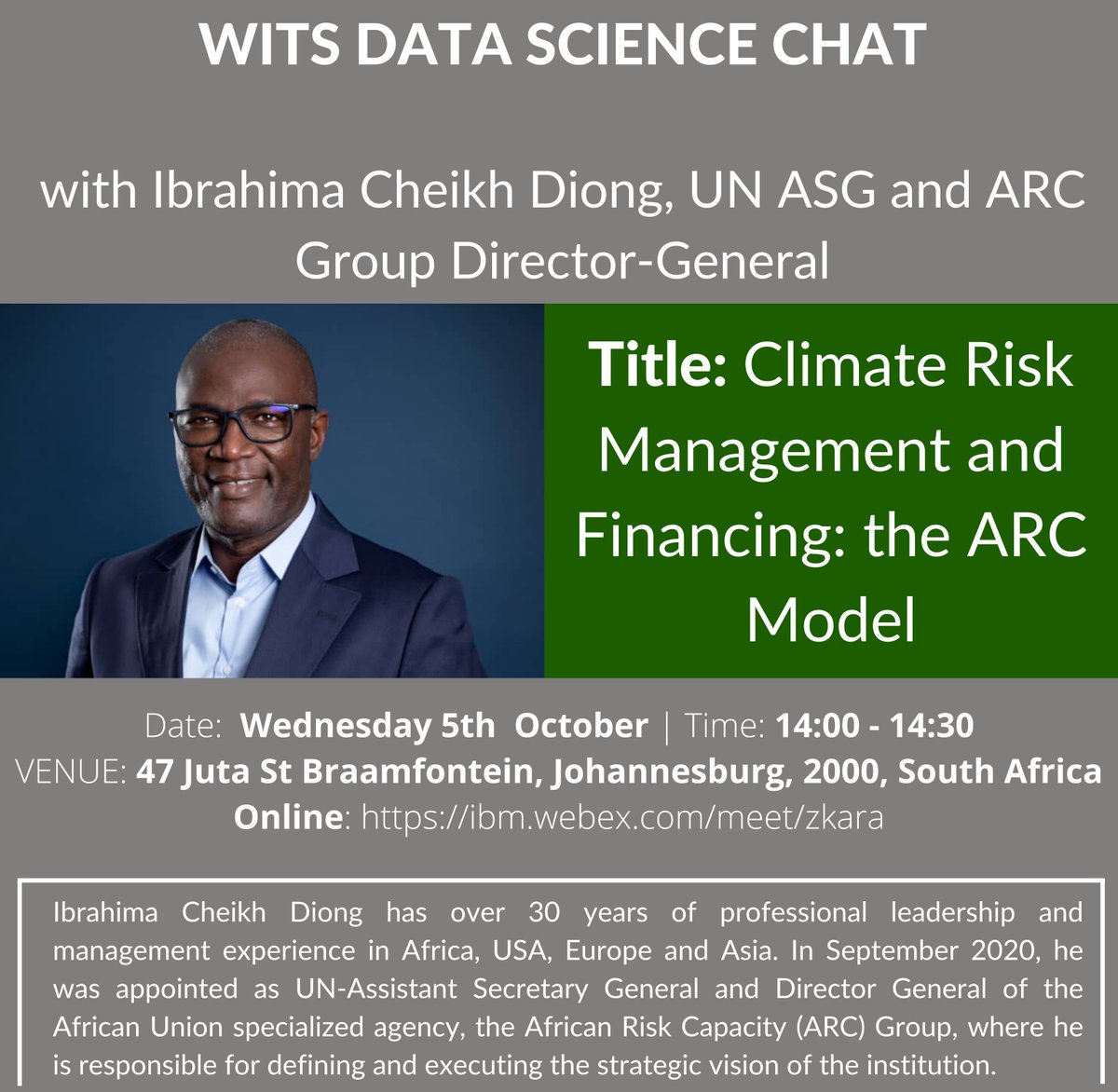 Join us tomorrow at 2pm (GMT + 2) for a lecture at @WitsUniversity on 'Climate Risk Management and Financing: the ARC Model' by UN ASG and ARC Group DG, @icdiong. To connect, please click here ➡️ bit.ly/3UZd09U