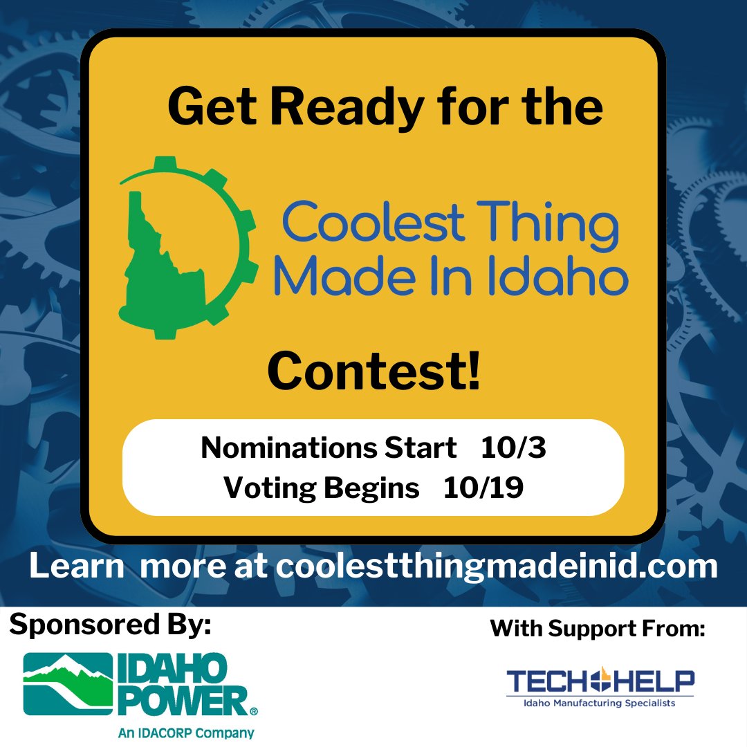 idmfg's tweet photo. Nominations are open now through October 10th! Help us find this year's Coolest Thing Made In Idaho, a contest sponsored by our friends @idahopower Nominate now on https://t.co/CNbYsSX9Jq  

#idmfg #mfgday22 #CoolestThingID #madeinidaho #manufacturing #madeintheusa https://t.co/3TtrVlvMxK