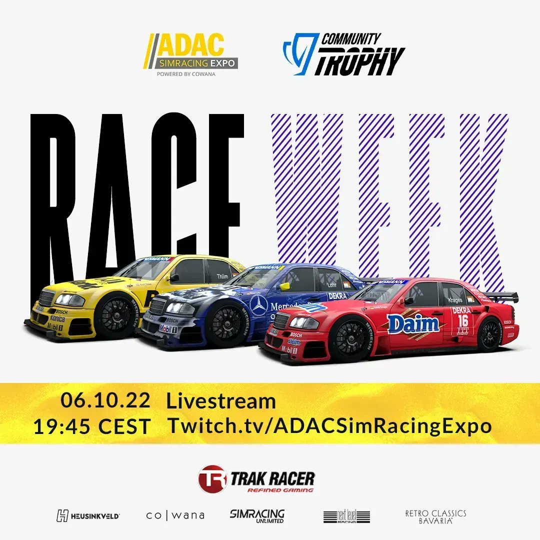 SimRacingExpo's tweet photo. Two days to go and then we heat into the last #CommunityTrophy race in @RaceRoom before the #SRE22. Who is going to make it to the final in Nuremberg? Find out this Thursday at 7.45pm CEST!

🔴https://t.co/GGikHSoaTv
🔴https://t.co/2BxM3YLqER

#SimRacingExpo #Road2SRE #RaceRoom https://t.co/uraIo2q5eM