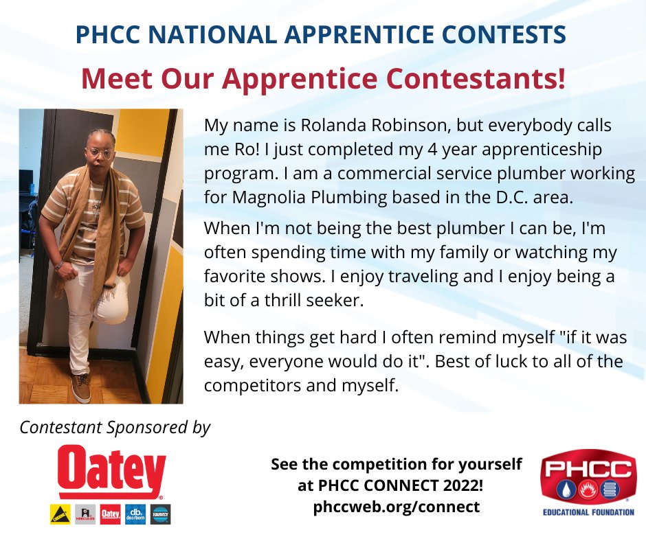 PHCCFoundation's tweet photo. Meet the Competitors
The PHCC National Apprentice Contests are coming up soon.
Here is another apprentice looking to be named the nation's best!
Ro Robinson - Magnolia Plumbing in D.C.

Good luck to all!
https://t.co/GGmGHzwaC6
#PHCCFoundation #PHCC #PHCCCONNECT https://t.co/vSiWt0VeLk