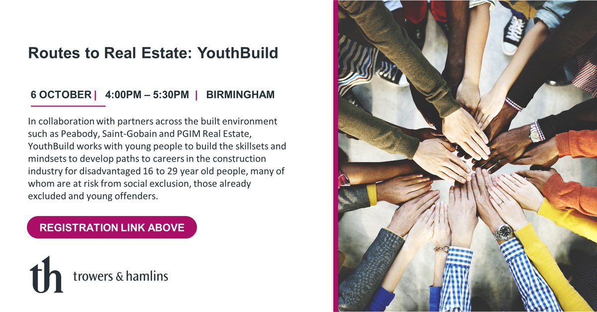 Join us this Thursday in our Birmingham office for our next #RoutestoRealEstate session, where we will be joined by <a href="/ShenaazChenia/">Shenaaz</a>, CEO at <a href="/YouthBuildVUK/">YouthBuild Ventures UK</a> who will talk about the work the organisation does in the UK.

Register here: bit.ly/3Bibp5X

#construction