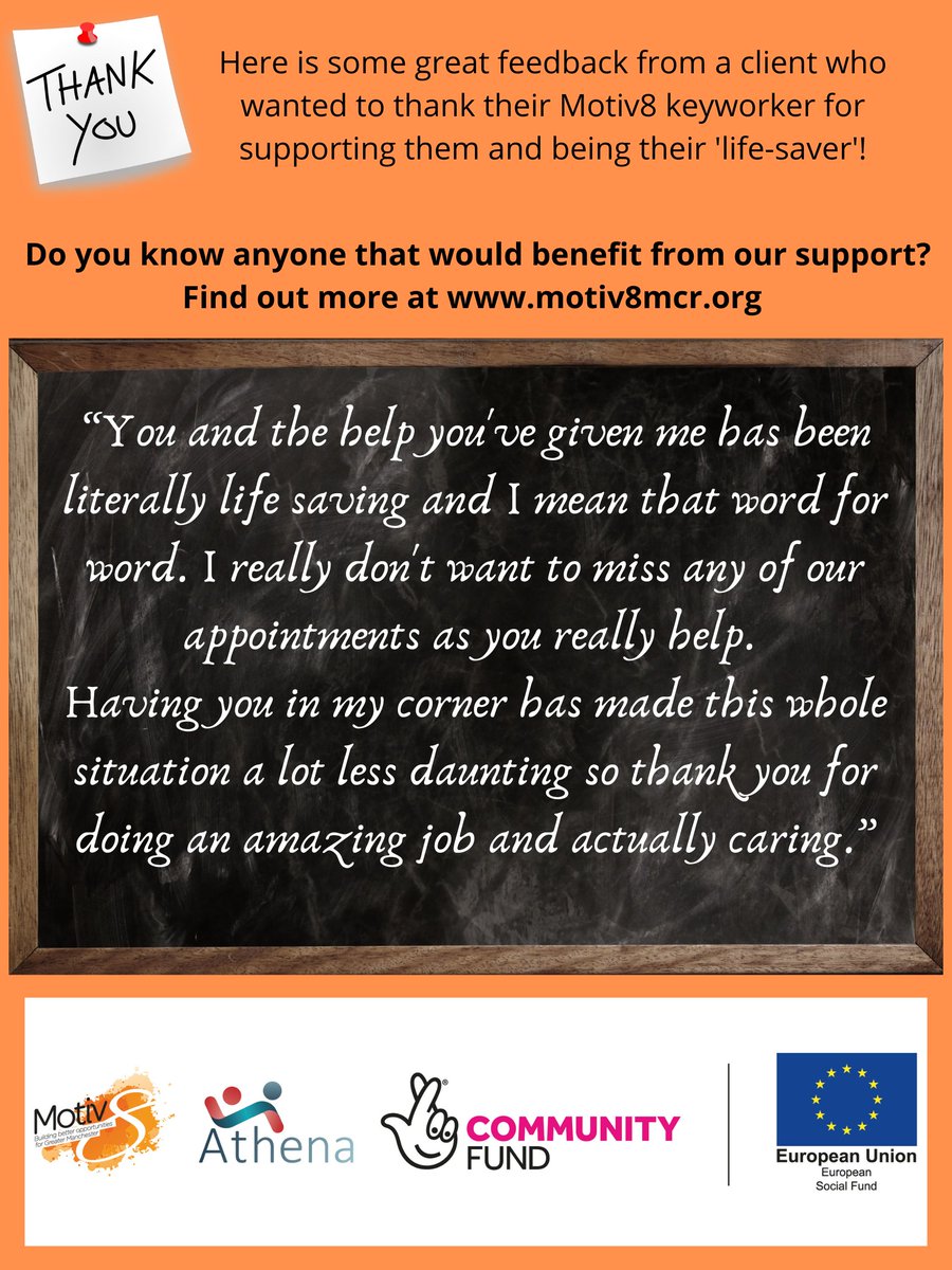 As usual, we like to end the week with that #FridayFeeling. This week we share feedback from a client who describes the care from his Motiv8 keyworker as ‘live-saving’.  Do you know anyone that needs support to get back on track? motiv8mcr.org #TNLComFundESF <a href="/TNLComFund/">The National Lottery Community Fund</a>