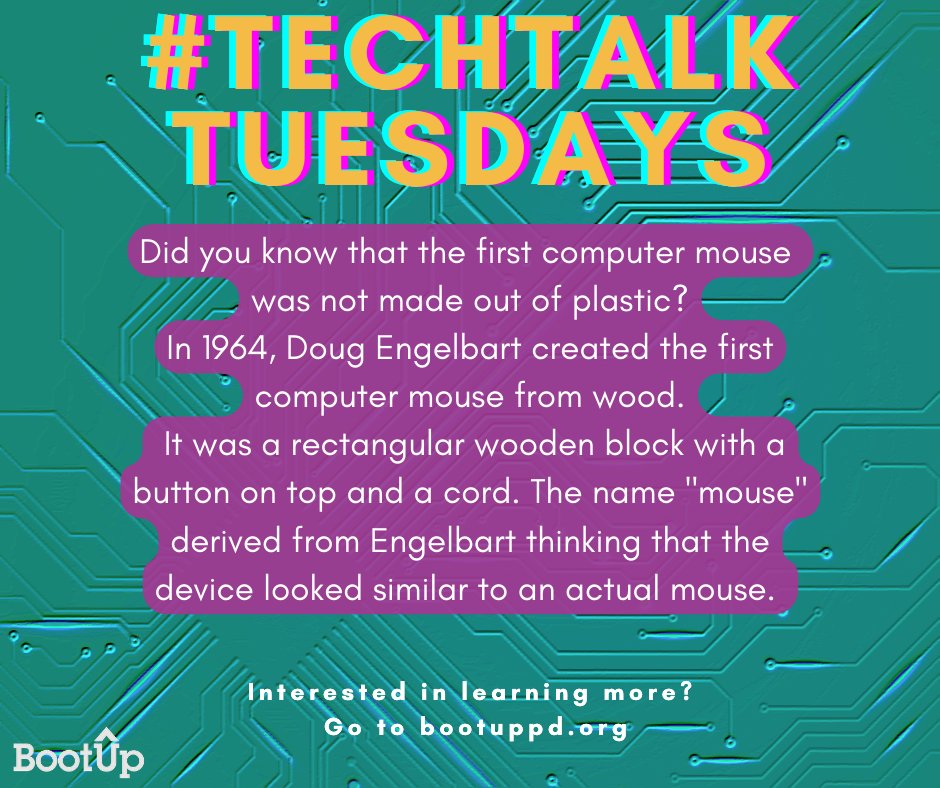 BootUpPD's tweet photo. Today on #TechTalkTuesdays, did you know that the first computer mouse was made from wood? Comment below and let us know which kind of mouse you would use. Wooden or the common plastic kind?
#TechTalkTuesdays #DougEngelbart #FirstComputerMouse https://t.co/vGh4nIR6sp