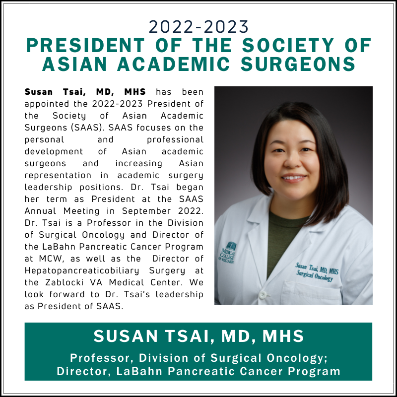 MCW Surgery is proud to congratulate Susan Tsai, MD, MPH, who has been named President of @AsianAcadSurg. We look forward to @isteaus's leadership at #SAAS! #LeadingTheWay @MedicalCollege @mcwsurgonc @Froedtert