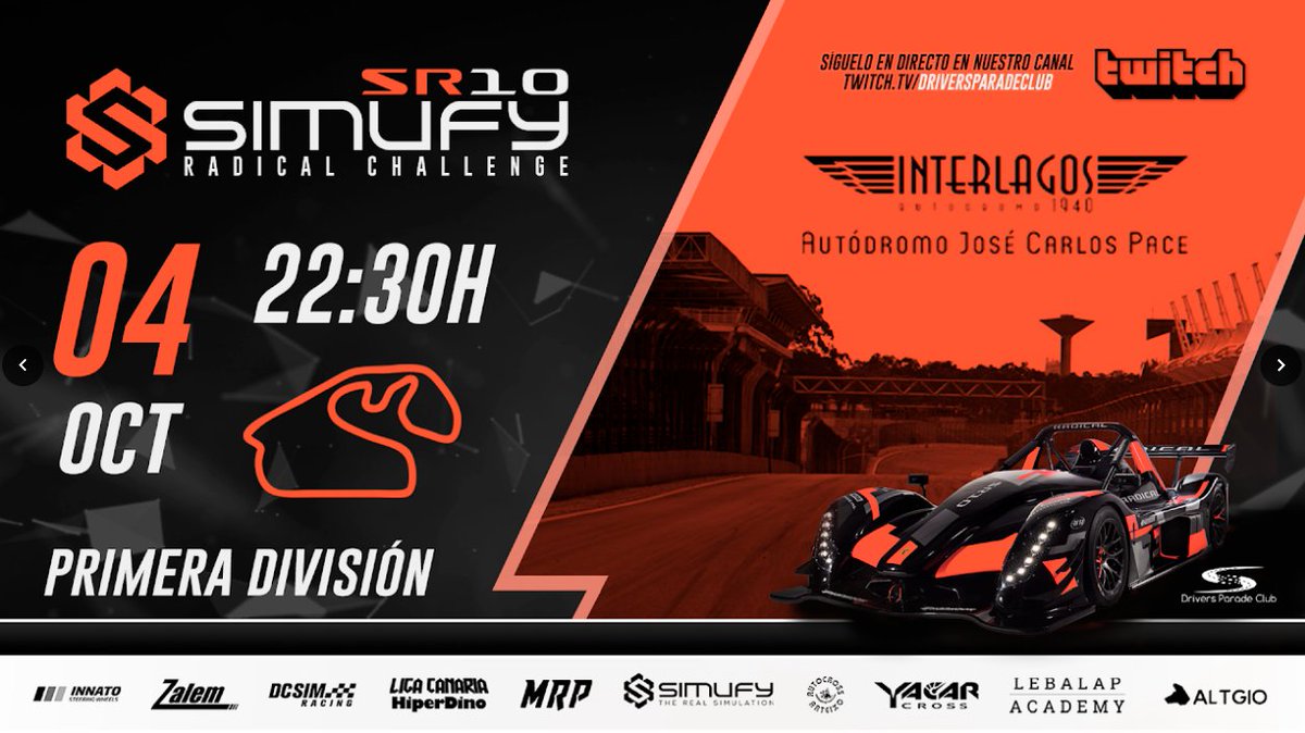 DriversparadeCb's tweet photo. 🏆SIMUFY RADICAL CHALLENGE🏆

➡️¡Primera carrera de la temporada! Nuevo campeonato en la DPC. ¡¡Noche de RADICAL CHALLENGE!!

📍Interlagos
⏰22:05h (Hora de Madrid)
📺https://t.co/okKmYcjluO
⌚️Live Timing: https://t.co/OD0p4mBlNc

¡TE ESPERAMOS! https://t.co/zwOyjZVej0