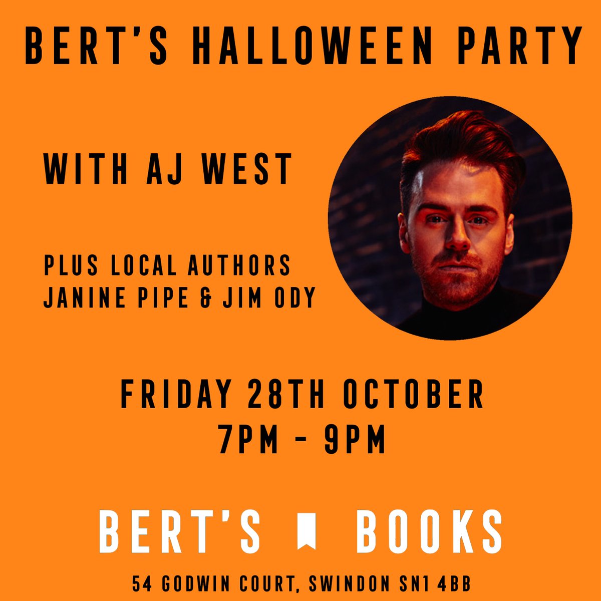 Hey, #Swindon! We're having a party! 

<a href="/AJWestAuthor/">AJ West #AlwaysTogether</a> is coming to the shop on Friday 28th October and we're celebrating all things spooky!

There's a fancy dress competition, plus a few other treats too! Find out more and book your ticket on this link: bertsbooks.co.uk/halloween