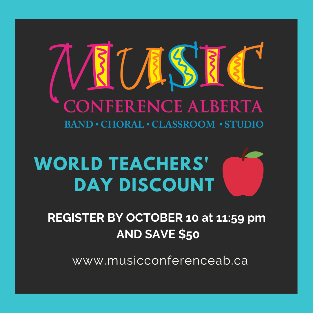 Wednesday is #worldteachersday! As a special thank you to the educators of Alberta, we're offering $50 off of your #mca22 registration!

Just use code TEACHER on your registration to access this deal.

#abeducation #musiced #alberta #music #education #choir #band #studio #teacher