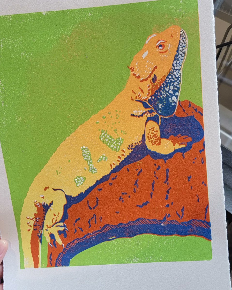 SeeSidStamp's tweet photo. Bunji the bearded dragon all finished up! What an amazing commission, I'm so glad I got the opportunity to try something new!
#printmaking #petportrait https://t.co/zPNVmwhJcB