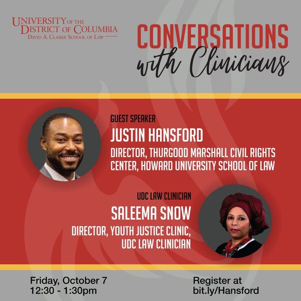 tiffsmithESQ's tweet photo. Don't miss #UDCLaw's #ConversationsWithClinicians Friday! Professor Saleema Snow, Dir of Youth Justice Clinic talks with Howard Law's @Blackstarjus about movement lawyering and unapologetic advocacy. Register: https://t.co/GU6pgyVKLk
#PracticeLaw #PromoteJustice #ChangeLives https://t.co/NaD91TvSJk