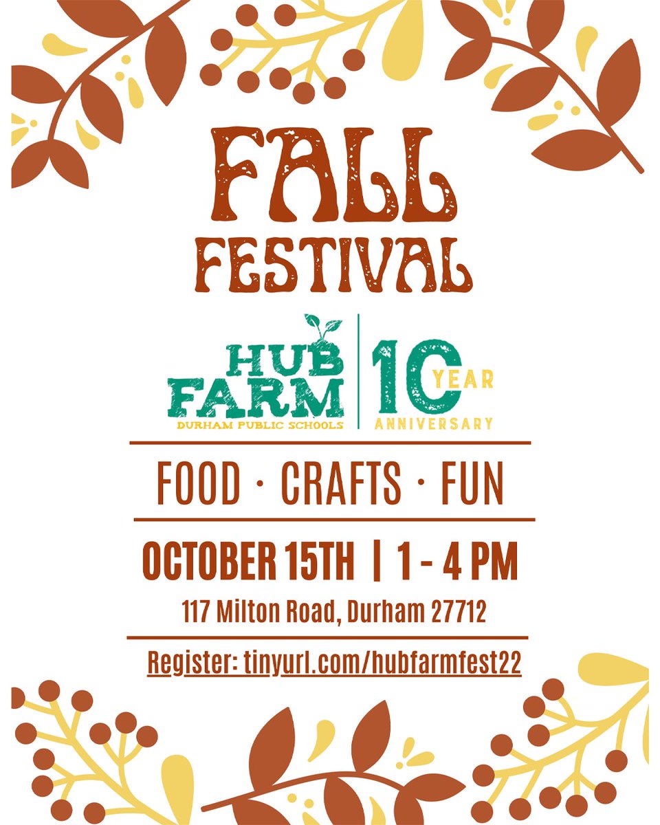 DurhamPublicSch's tweet photo. Join the @DPSHubFarm for their Fall Festival and 10-Year Anniversary Celebration! There will be fresh apple cider, donuts, food trucks, music, fishing on the pond, hiking on the trails, yoga, and crafts! Register here: https://t.co/ikSHwmqB4h https://t.co/eel8KyjgYe