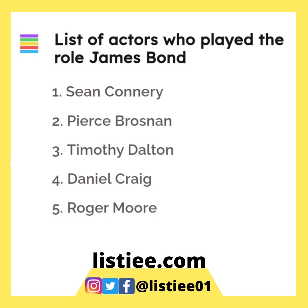 Listiee01's tweet photo. Only six men have played British secret agent James Bond on screen so far. From Sean Connery to Daniel Craig,all the actors who have played James Bond on screen so far.
https://t.co/DFHOHfszDY
#jamesbond #actor #hollywood #seanconnery #piercebrosnan #timothydalton #danielcraig https://t.co/T8Lt6ZaFWI