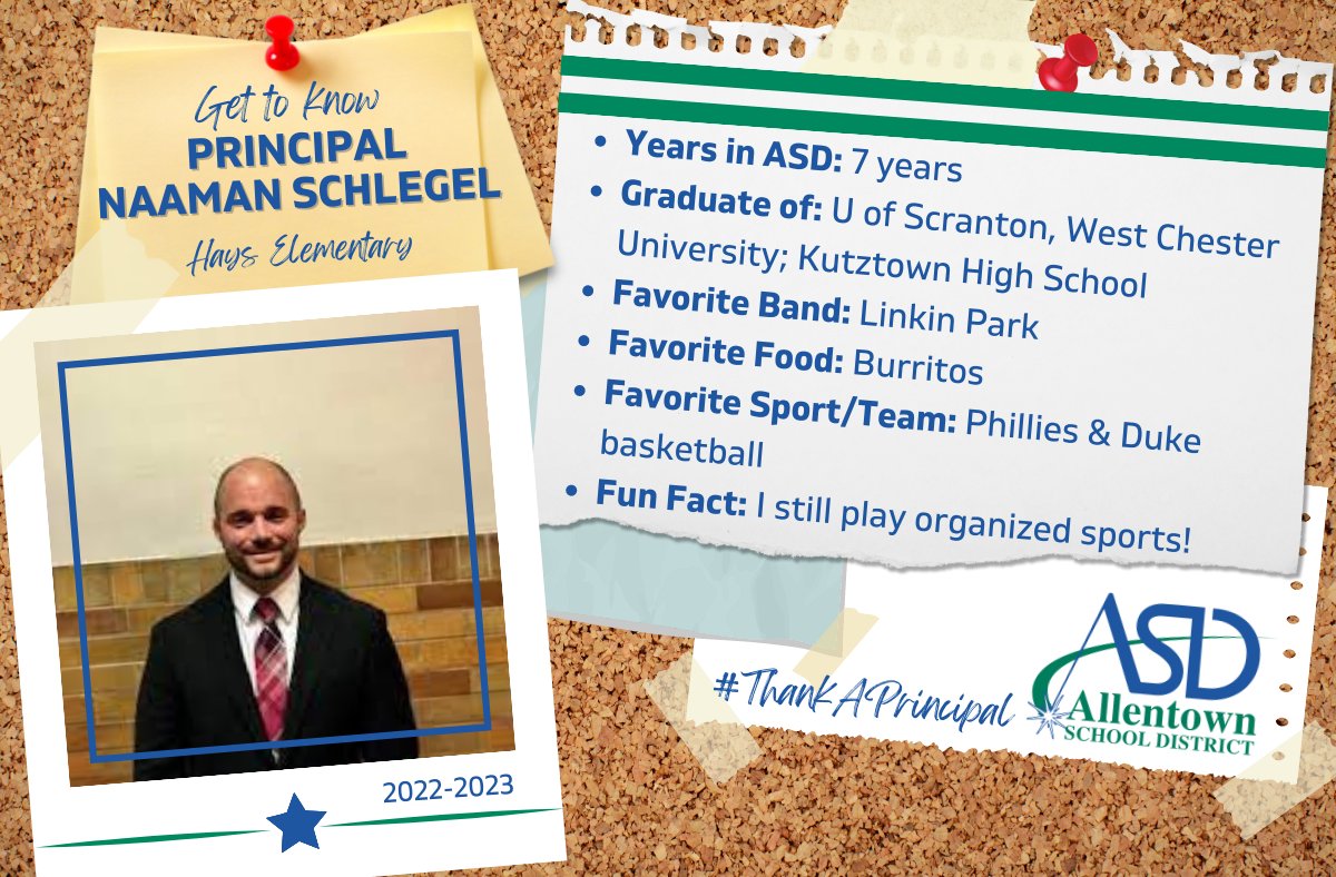 AllentownSD's tweet photo. Continuing to celebrate #NationalPrincipalsMonth - get to know Mr. Naaman Schlegel who has been principal at @asdbriggenhays since it opened! #ThisisASD https://t.co/LIt9FKlaqX
