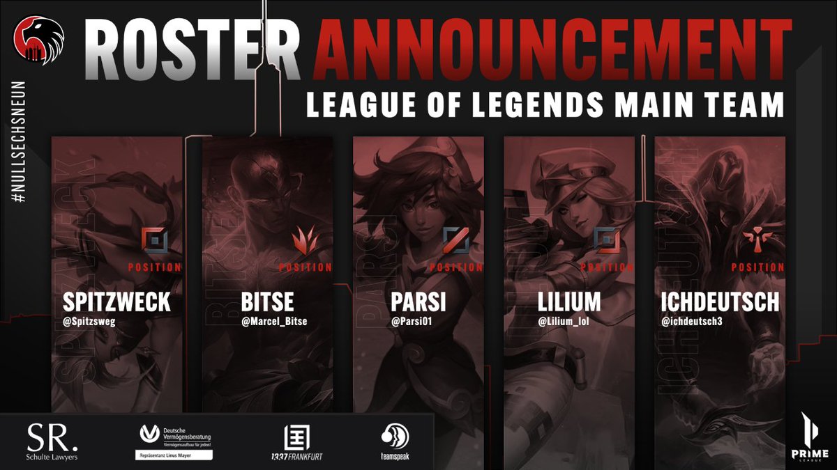 1. Esport Club Frankfurt e.V. (@1ecfrankfurt) on Twitter photo Neuer Split, neue Teams!
Wir beginnen die Vorstellungsrunde wie immer mit unserem Main-Team:
🗿 @Spitzsweg
🌲 @Marcel_Bitse
🧙 <a href="/Parsi01/">Parsi</a>
🏹 @Lilium_lol
🎗️ <a href="/ichdeutsch3/">ichdeutsch</a>
Viel Erfolg in Dvision 4 der <a href="/PrimeLeague/">Die Techniker Prime League</a>!
Zum Spielplan:
🌐 bit.ly/3V0paiN
#NullSechsNeun Neuer Split, neue Teams!
Wir beginnen die Vorstellungsrunde wie immer mit unserem Main-Team:
🗿 @Spitzsweg
🌲 @Marcel_Bitse
🧙 <a href="/Parsi01/">Parsi</a>
🏹 @Lilium_lol
🎗️ <a href="/ichdeutsch3/">ichdeutsch</a>
Viel Erfolg in Dvision 4 der <a href="/PrimeLeague/">Die Techniker Prime League</a>!
Zum Spielplan:
🌐 bit.ly/3V0paiN
#NullSechsNeun