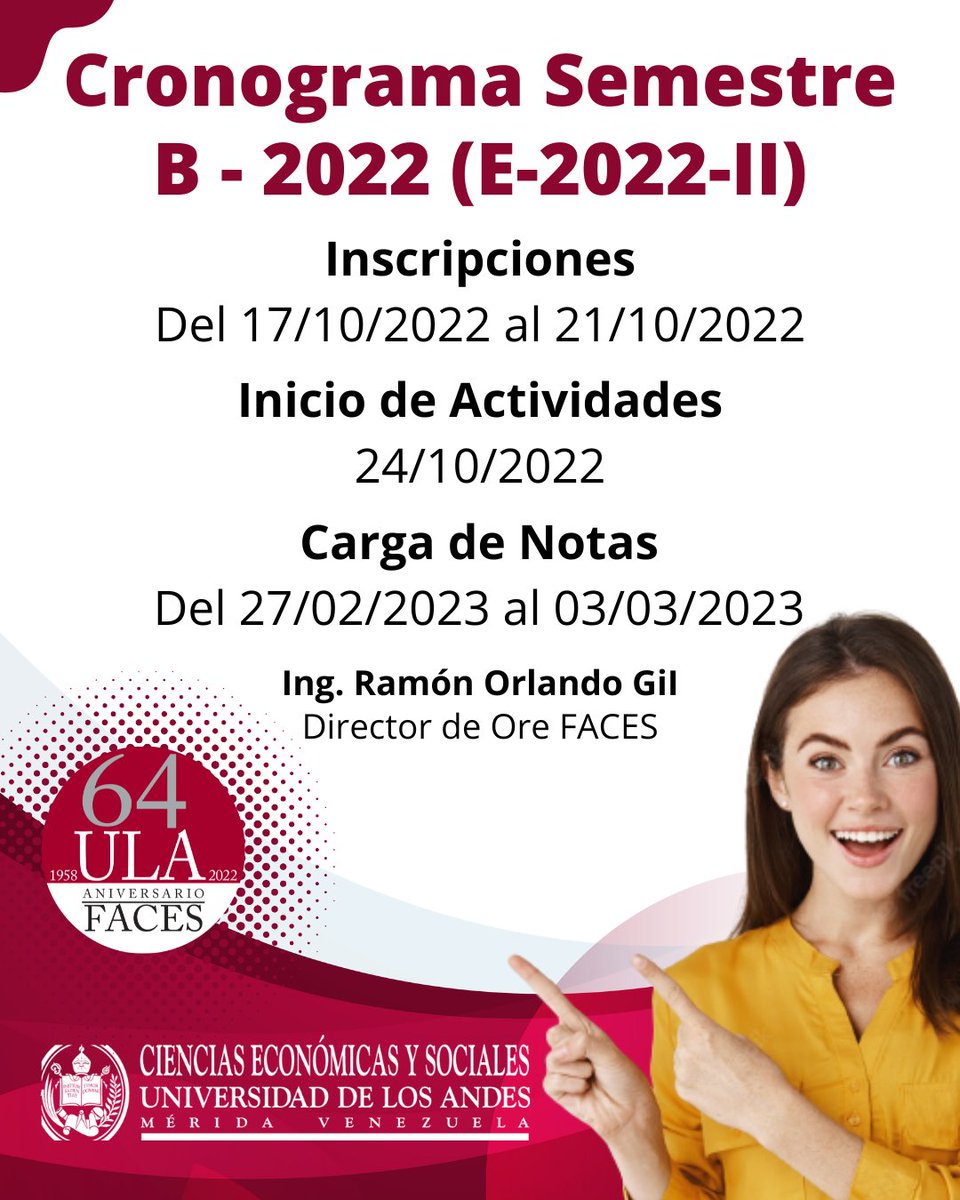 La Oficina de Registros Estudiantiles de la FACES ULA, informa a la Comunidad Estudiantil  el cronograma del período B-2022 (E-2022-II)

En los próximos días estaremos publicando el instructivo y los grupos de inscripción.
.
.

@orefacesulamerida 
<a href="/orifaces/">ORI-FACES</a> 
#FACESULA
