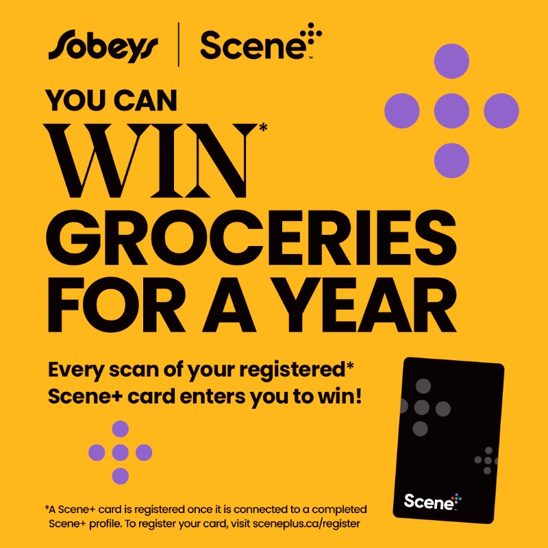 sobeys's tweet photo. Scan your registered Scene+ card at any Sobeys, Safeway, FreshCo, Chalo! FreshCo, Needs Convenience, participating IGA, or online with Voila for a chance to win!