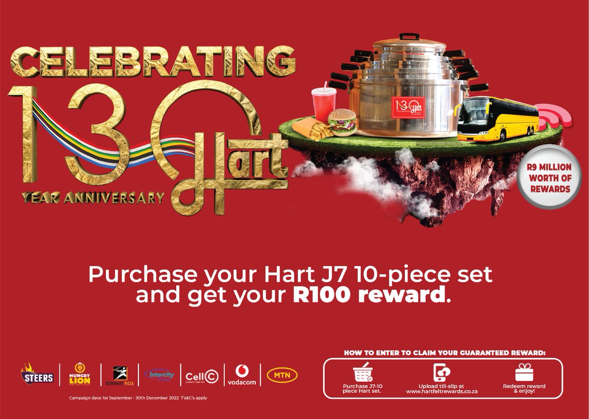HartHomeware's tweet photo. CELEBRATE 130 years with #Hart! Purchase a 10-Piece set and you will receive a guaranteed R100 reward. Visit Hartfelt Rewards Program https://t.co/tDyJ9kRT87 for more information.

#Hart #HartHomeware #HaveFunCooking https://t.co/2XjBBzGCwR