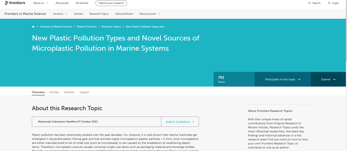 The deadline for our research topic focussing on novel #plastic #pollution is approaching. Consider submitting your research until 7 October 2022 frontiersin.org/research-topic…

<a href="/JuliusEllrich/">Julius A. Ellrich</a> 
<a href="/IgnacioGestoso/">Ignacio Gestoso</a> 
<a href="/FrontMarineSci/">Frontiers - Marine Science</a>