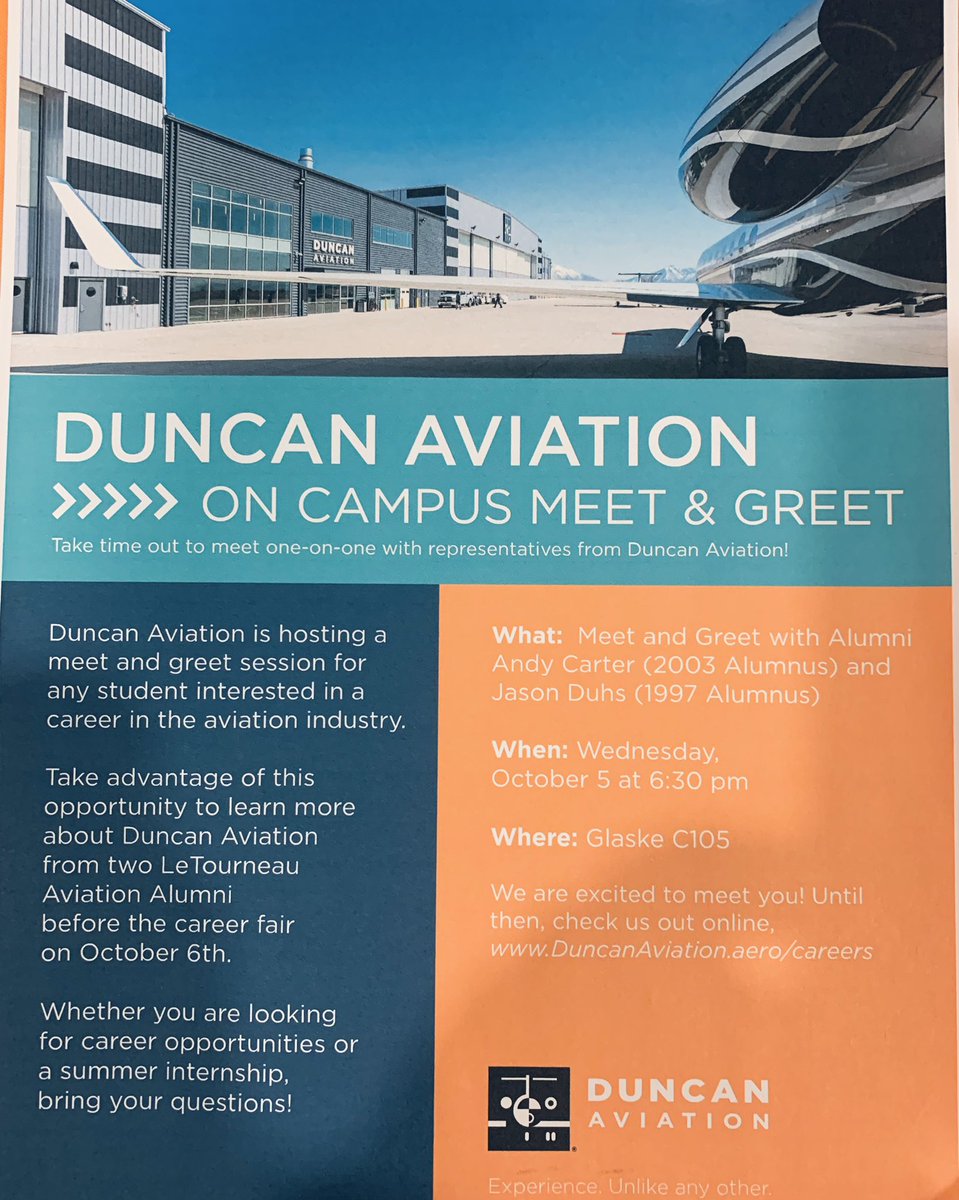Duhsj's tweet photo. @LETUAviation students come visit the @DuncanAviation table today 10/4 and tomorrow 10/5 at the Abbott Aviation Center and @LetuCareer career fair on 10/6 https://t.co/UrgDRugUwv