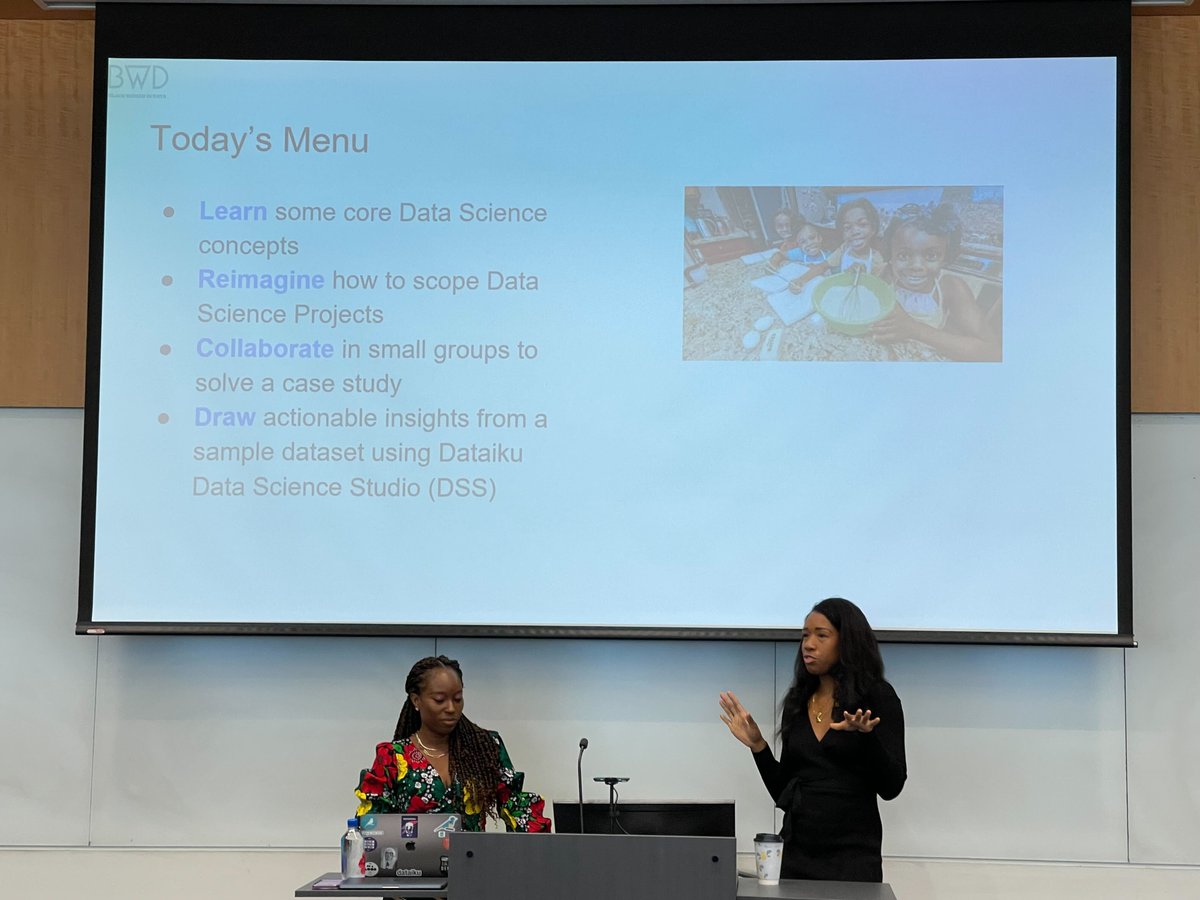 dataiku's tweet photo. We were honored to sponsor @BlkWomeninData hosted by @cadoctorsister this weekend. One way we practice inclusion is by supporting events that open up opportunities for Black women, like this one. Shout out to Ufi + Sibongile for a great presentation! #DataikuLife #BWDSummit2022 https://t.co/MQykkIsx7M
