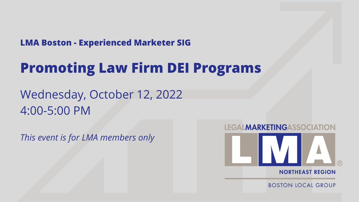 Join #LMANE_Boston for a lively discussion on Diversity, Equity &amp; Inclusion initiatives for law firms on October 12!

Register today: bit.ly/3RAWEBh

#LMAmkt #DEI
