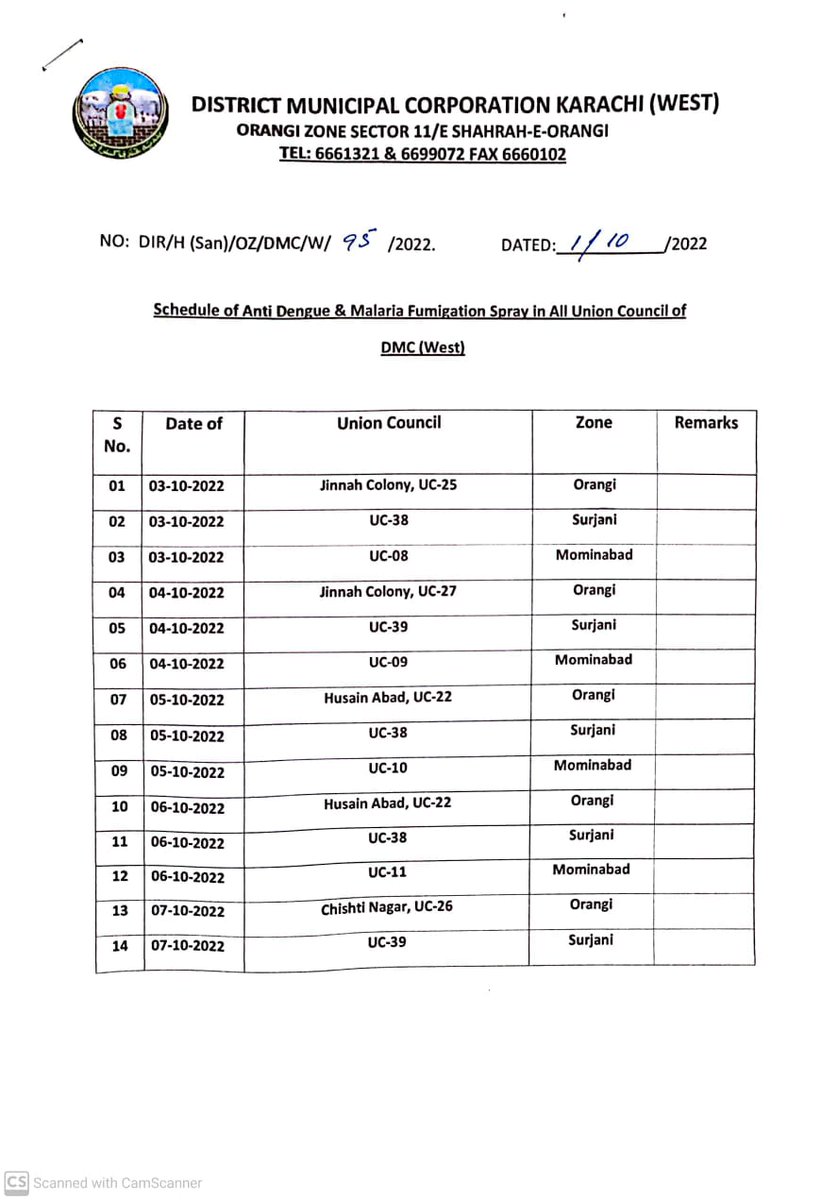 OfficialDmcwest's tweet photo. New #fumigation Schedule for #dengue in #DMCWest #karachi https://t.co/7A9mSkrOgS