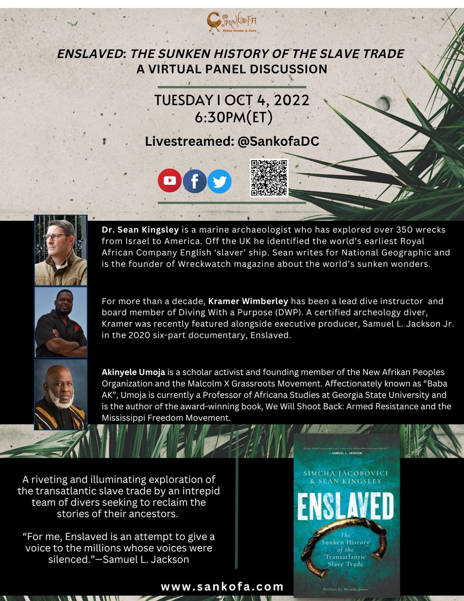 Enslaved Series (@enslaveddoc) on Twitter photo Tonight at 6:30pm ET join Dr. Sean Kingsley (<a href="/wreckwatch/">Sean Kingsley - Wreckwatch Mag</a> ), DWP diver Kramer Wimberley, and scholar Akinyele Umoja for a virtual discussion about the new book Enslaved. Livestream is presented by <a href="/SankofaDC/">Sankofa</a>
Livesteam: youtube.com/watch?v=UOgXjH…
<a href="/Pegasus_Books/">Pegasus Books</a>
#enslaved Tonight at 6:30pm ET join Dr. Sean Kingsley (<a href="/wreckwatch/">Sean Kingsley - Wreckwatch Mag</a> ), DWP diver Kramer Wimberley, and scholar Akinyele Umoja for a virtual discussion about the new book Enslaved. Livestream is presented by <a href="/SankofaDC/">Sankofa</a>
Livesteam: youtube.com/watch?v=UOgXjH…
<a href="/Pegasus_Books/">Pegasus Books</a>
#enslaved