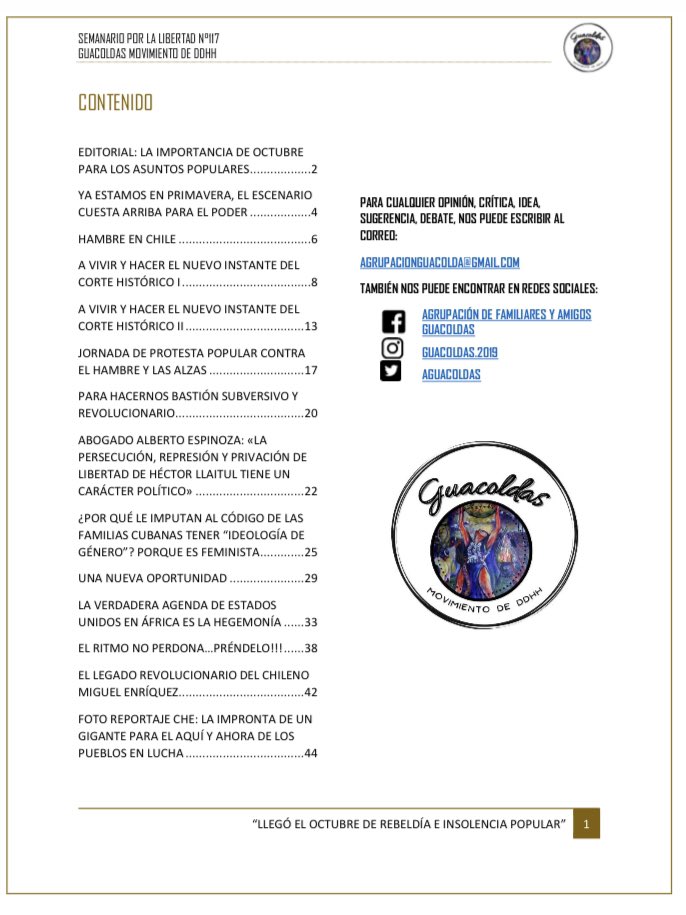ESTIMADOS/AS
COMPARTIMOS CON USTEDES EL SEMANARIO POR LA LIBERTAD N° 117, TITULADO “LLEGÓ EL OCTUBRE DE REBELDÍA E INSOLENCIA POPULAR”.

PARA VER Y/O DESCARGAR SEMANARIO LO PUEDE HACER EN EL SIGUIENTE LINK:
semanariolibertad.files.wordpress.com/2022/10/semana… 

¡¡SALUDOS!!
