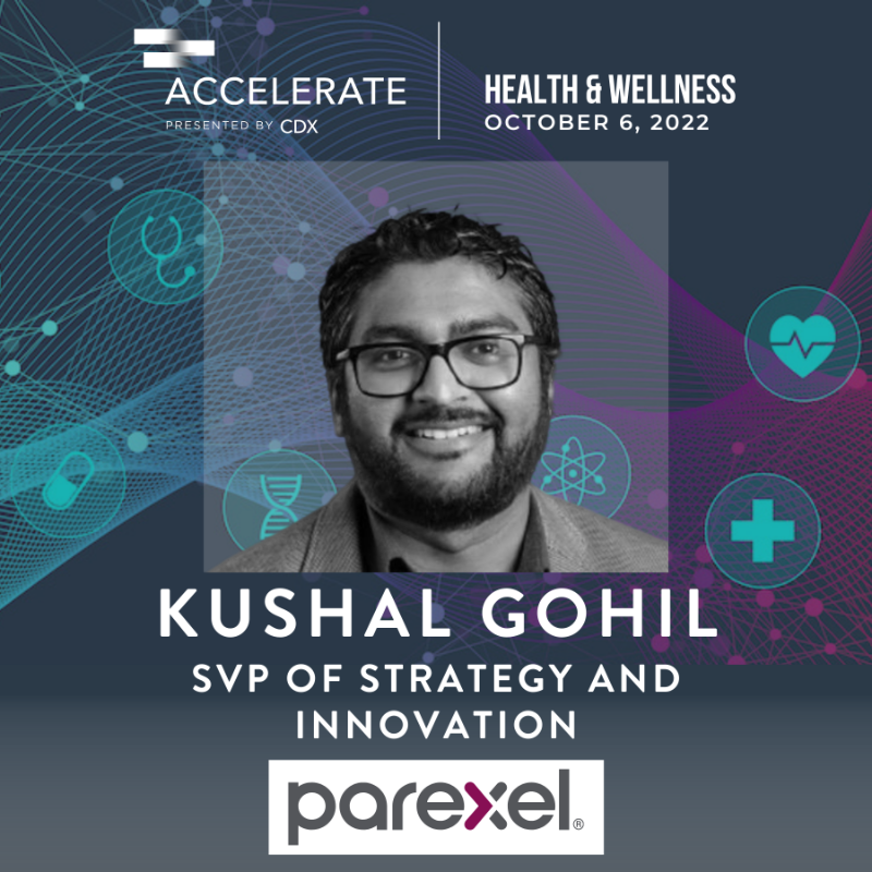 Parexel's tweet photo. Join @kushalgohil, alongside other healthcare industry leaders, for #CDXAccelerate Health+Wellness on Oct. 6 in Boston! They will focus on how tech and digital tools can help improve health and wellness for consumers in a post-pandemic world.