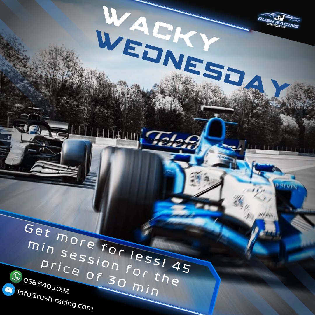 Wacky Wednesday is here!

You can get more for less.

Get a 45 min session for the price of 30 min. So gear up and lets race!🏎

 #rushracingesports #wednesday #wednesdayvibes #Dubai #dubailife #UAE #simracingamers #Simracing #simracinghardware #simracer #dubaigamers