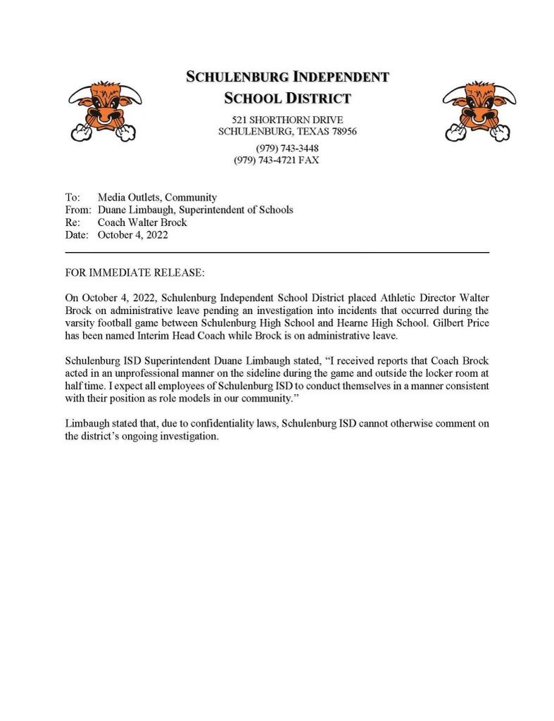 Gary Dusek on Twitter "The Schulenburg ISD has released a statement