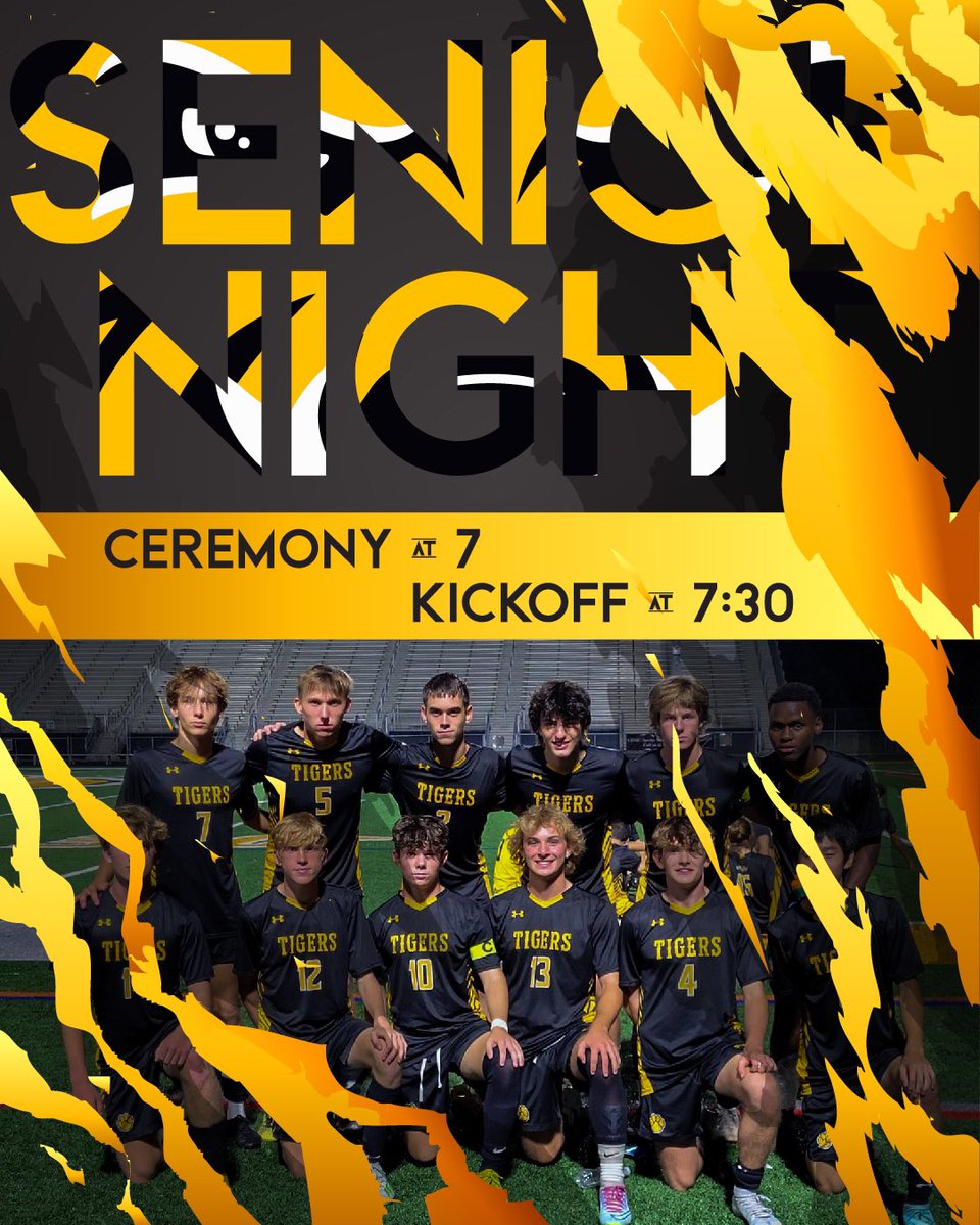 🐯⚠️IT’S SENIOR NIGHT⚠️🐯

‼️BE THERE‼️

Come support the Tigers as we honor our 12 seniors before and during tonight’s game against North Hills.

Ceremony starts at 7
Kickoff at 7:30

‼️AGAIN, BE THERE‼️

#T4L #ANewEra #WelcomeToTheJungle