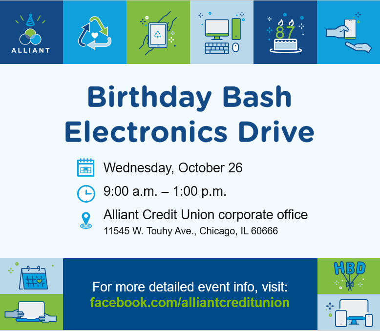 AlliantCU's tweet photo. Kick off Digital Inclusion Week by RSVPing to our used electronics drive! Donate your gently used laptops and tablets with our partner @PCsforPeople β and grab a slice of bday cake. π
RSVP here: https://t.co/TbqqBIMNmL
#DIW2022 #DigitalEquityNOW #AllInForDigitalInclusion https://t.co/mmAmfoLZhF