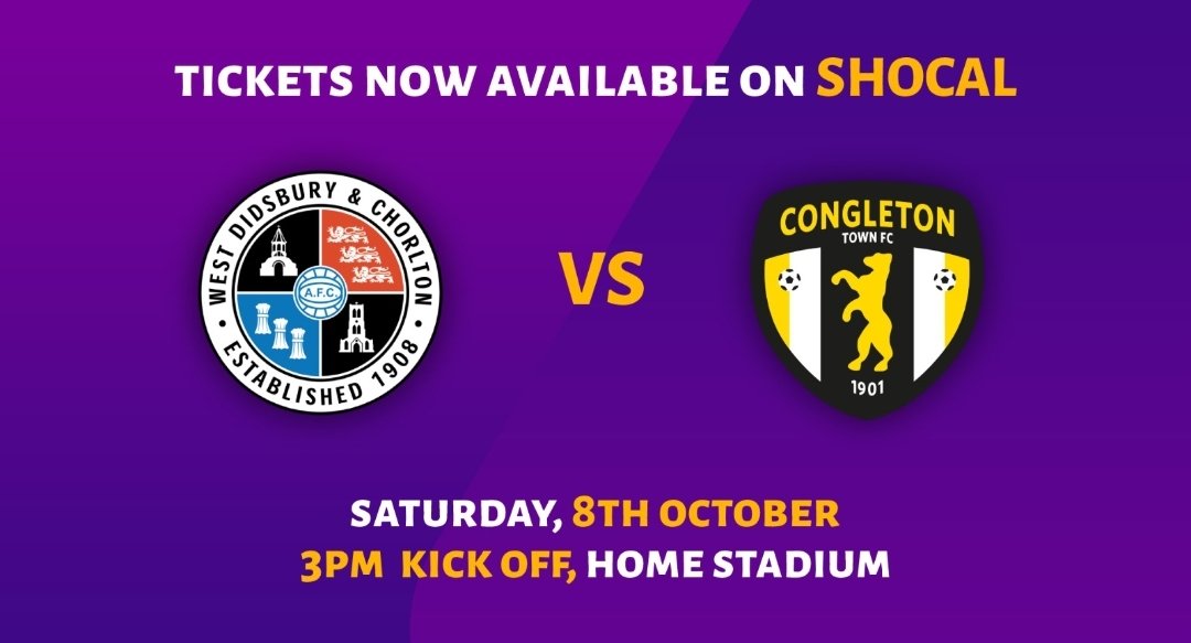 Shocal1's tweet photo. Tickets Now available for
@WD_CFC v @CongletonFC
Date Saturday 8th October
Kick Off 3pm
Link below to buy tickets
#Nonleaguefootball #Football #Shocal
https://t.co/KiJz8dBdM5 https://t.co/MzO8STFPhb