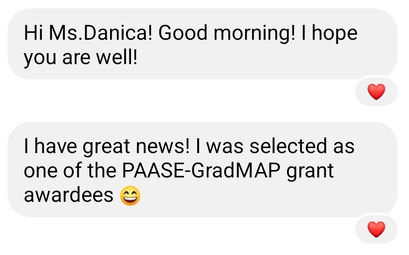 Danica_MDy's tweet photo. My entire week has been made! Incredibly proud of my amazing #GradMAP mentee, Lawrence, for this award. He will be an excellent grad student and scientist! Wishing him and everyone all the best this app szn. We did it 🇵🇭❤️ https://t.co/SByBjGv0gb