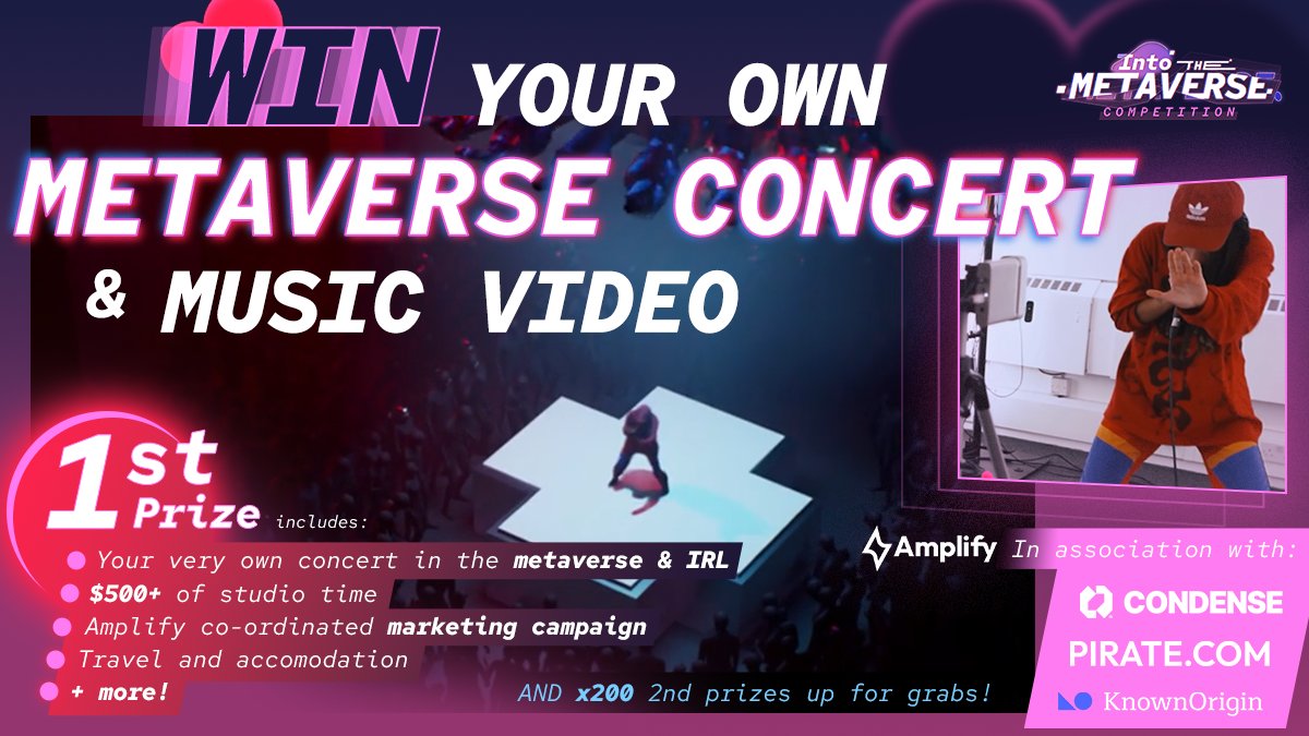 Today we are hyped to announce the launch of the Amplify Into the Metaverse Competition!

An amazing opportunity for artists to be first in the world to use this 🤯 tech.

Plus showcase your music IRL &amp; in the Metaverse.

Enter Here: amplify.link/intothemetaver…

#Metaverse #Web3Music