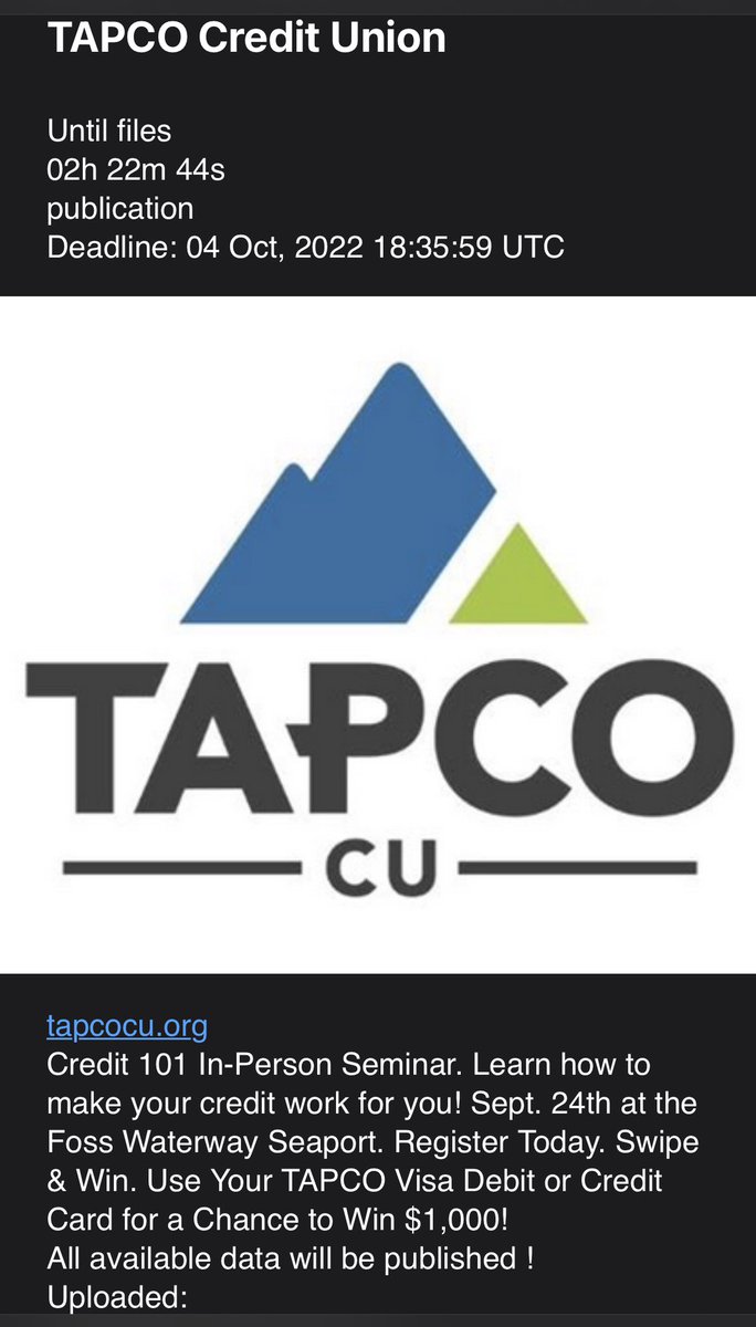 AlvieriD's tweet photo. LockBit has reposted TAPCO credit Union in Washington after removing the post from September 14th.

TAPCO systems still offline.

/tapco.org

#TAPCO @FBI 
@_bettercyber_ @darktracer_int 
#cybersecurity #infosec #LockBit https://t.co/tr0fMFvwce