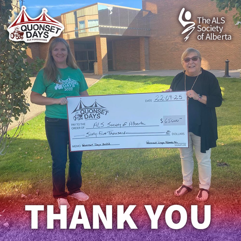 ALS_AB's tweet photo. Past Chair of the The ALS Society of Alberta Board, Tara Pentney, graciously accepted a cheque from Janet Biemans of the Quonset Days board with a donation for $65,000! We’re so honoured and grateful for the support of everyone who attended. https://t.co/B9DLQUVVqA